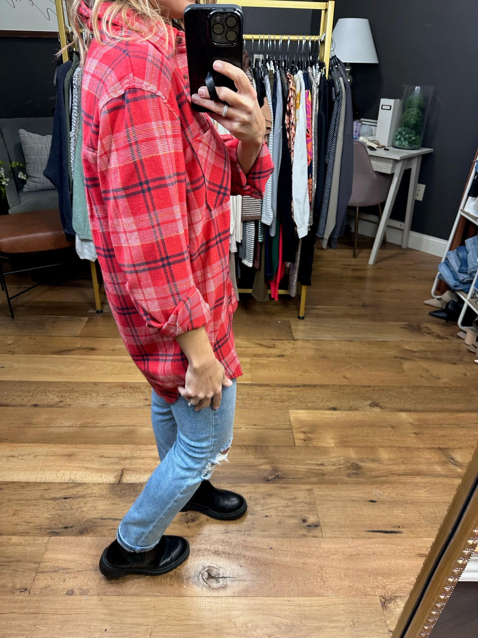 All Starts Now Plaid Button Down Top - Paprika-Long Sleeves-La Miel SRT-7808-z1-Anna Kaytes Boutique, Women's Fashion Boutique in Grinnell, Iowa