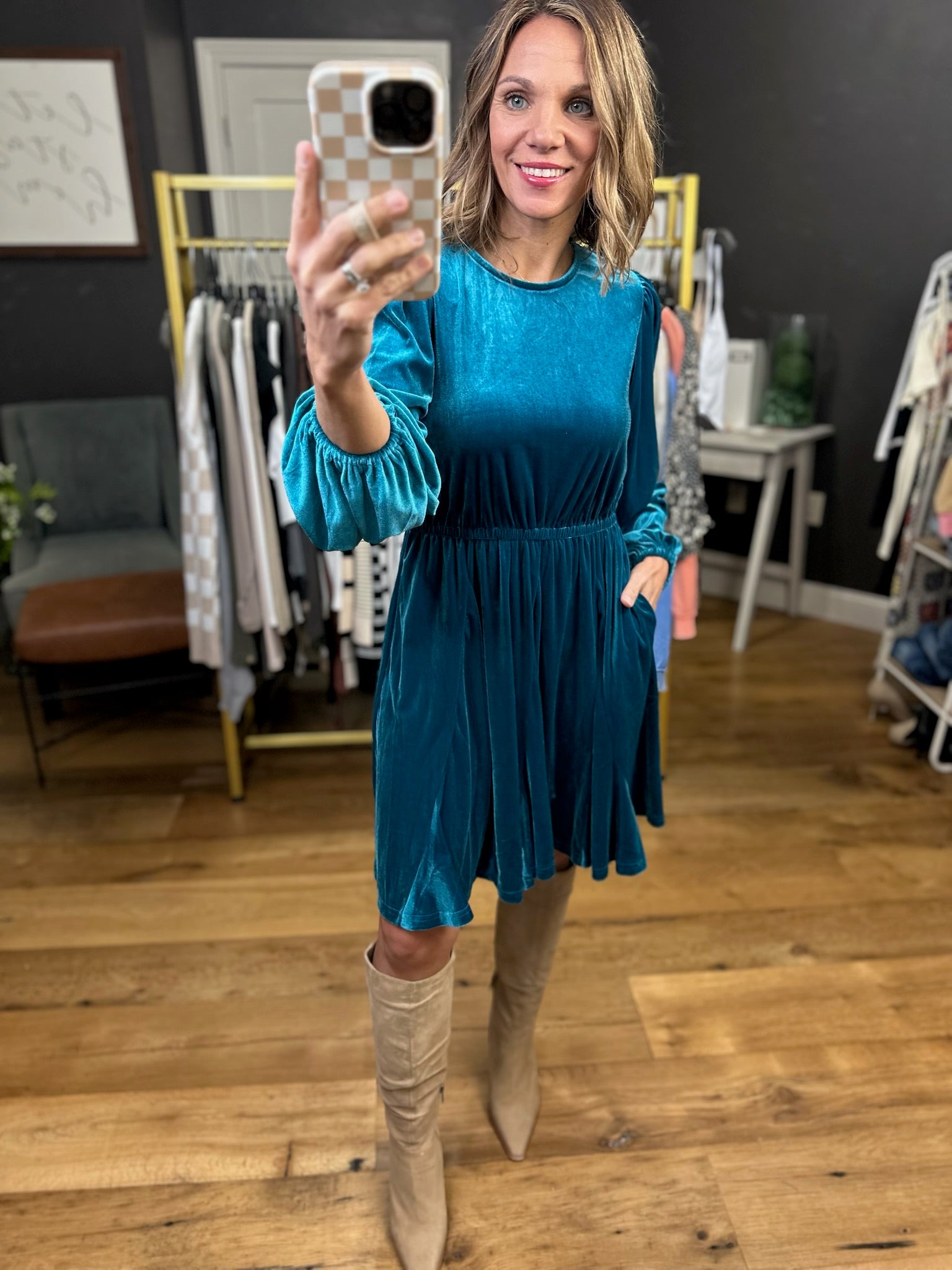 Sweeter Words Velour Dress - Teal-Jodifl-Anna Kaytes Boutique, Women's Fashion Boutique in Grinnell, Iowa