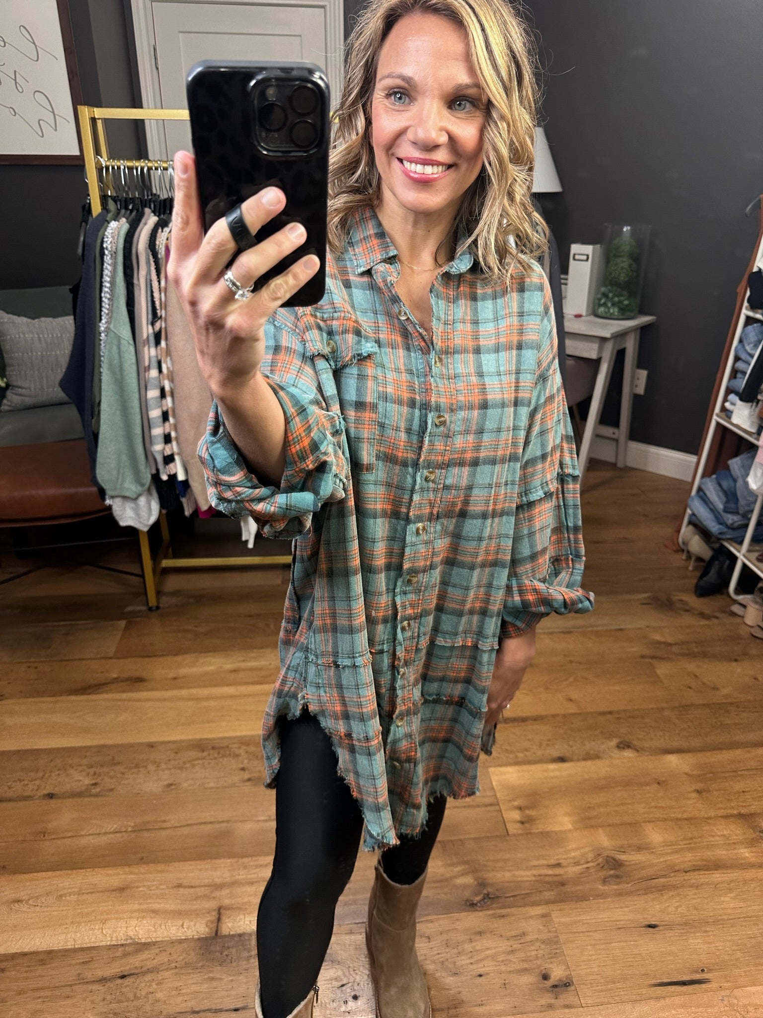 See It Live Oversized Plaid Top With Raw Edge Detail - Vintage Teal