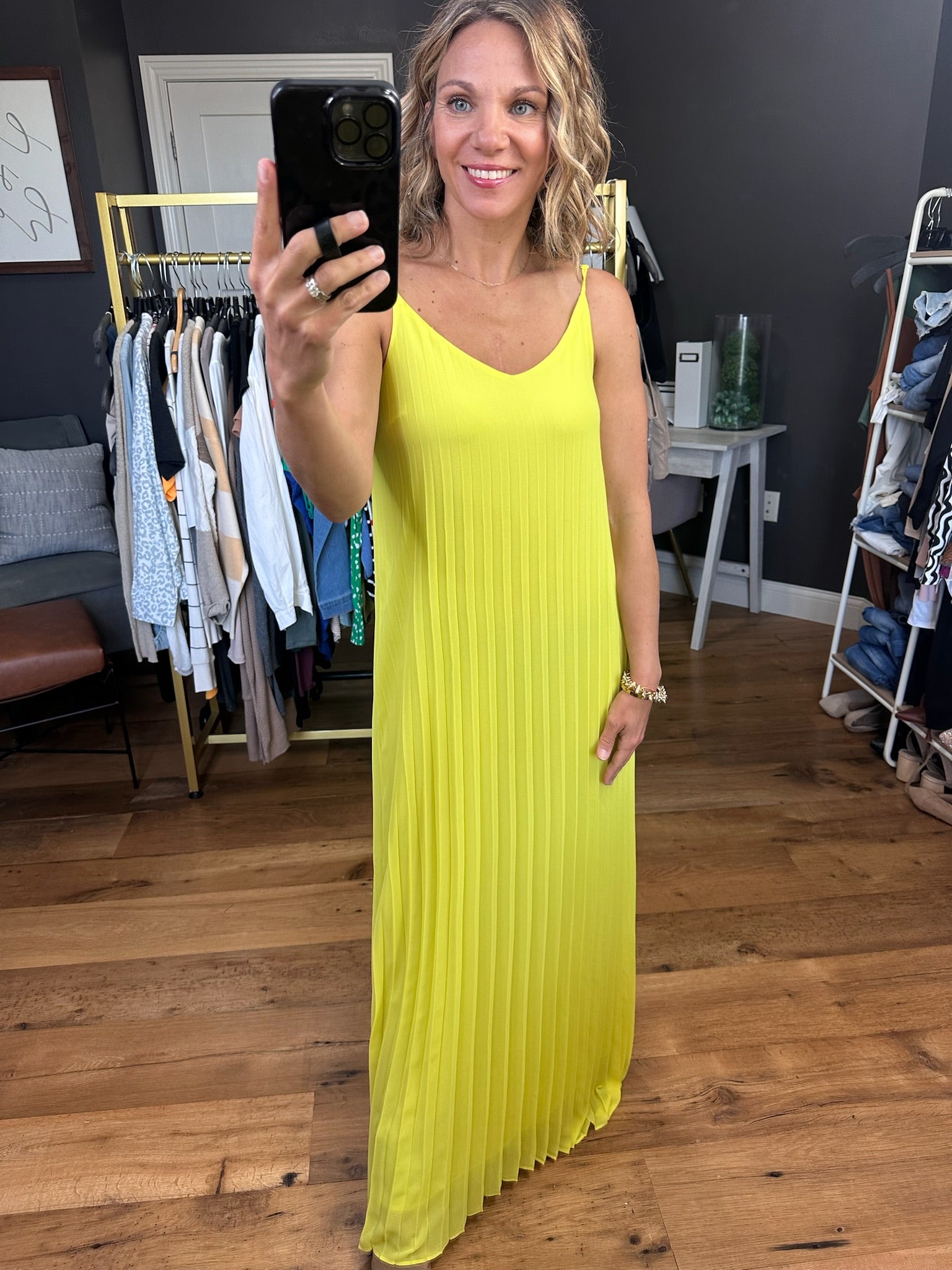 Moonlight In Mexico Pleated Maxi Dress - Lime Yellow-Dresses-Skies Are Blue-Anna Kaytes Boutique, Women's Fashion Boutique in Grinnell, Iowa