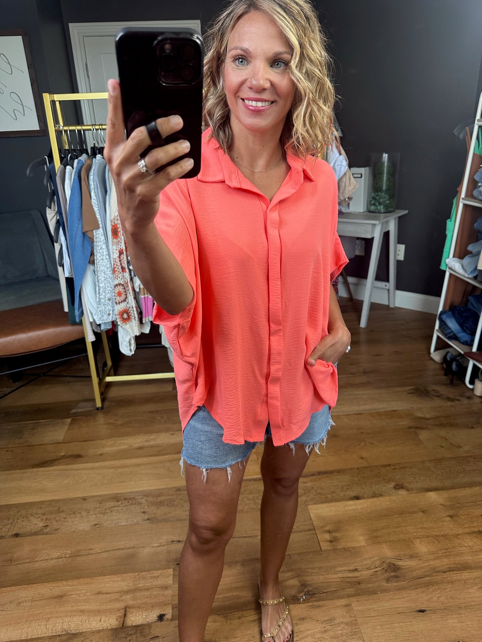 Express Yourself Button-Down Dolman Top - Neon Coral-Short Sleeves-Bucketlist-Anna Kaytes Boutique, Women's Fashion Boutique in Grinnell, Iowa