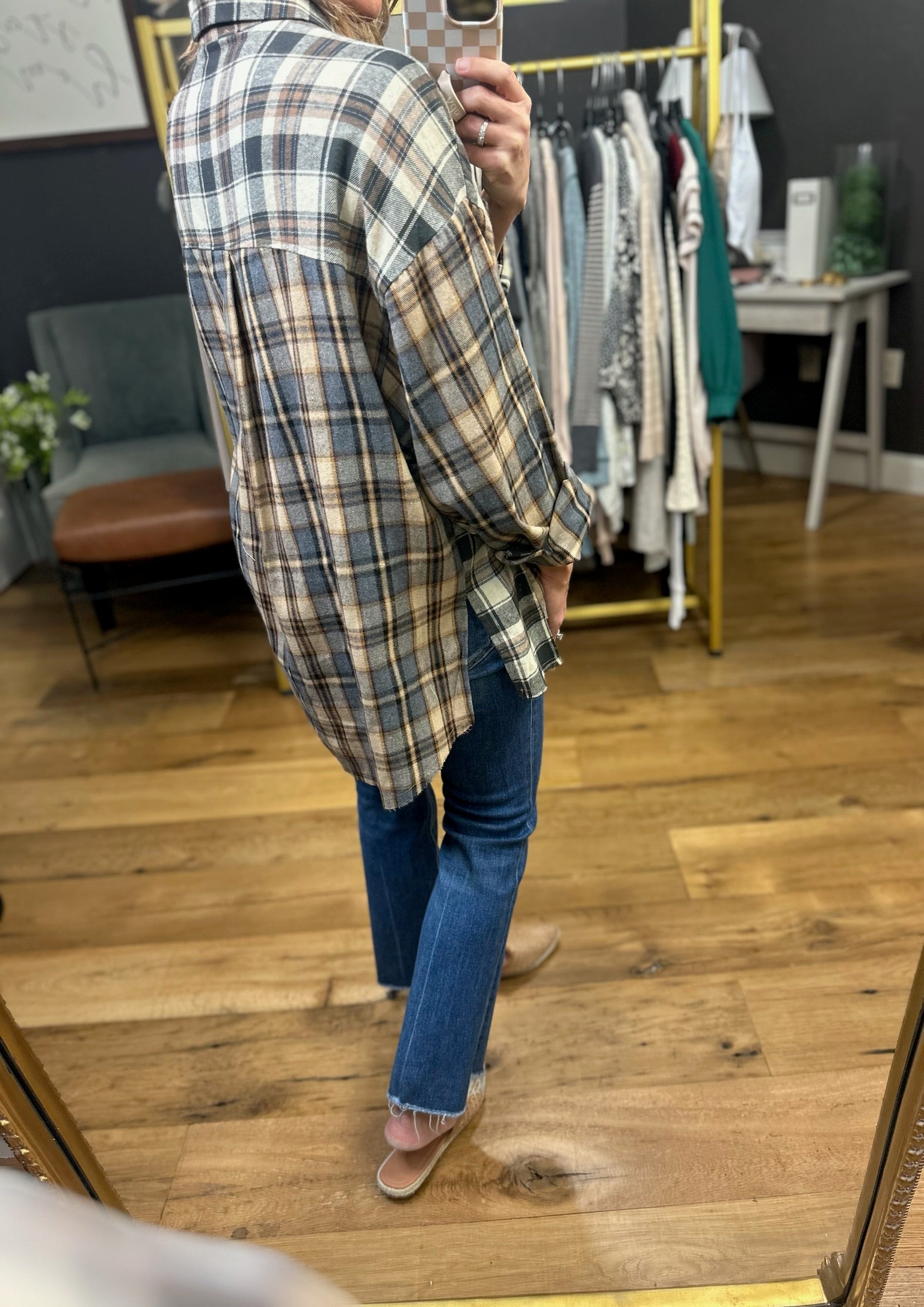 Think About This Contrasting Plaid Button-Down Top - Oat-Aemi & Co-Anna Kaytes Boutique, Women's Fashion Boutique in Grinnell, Iowa