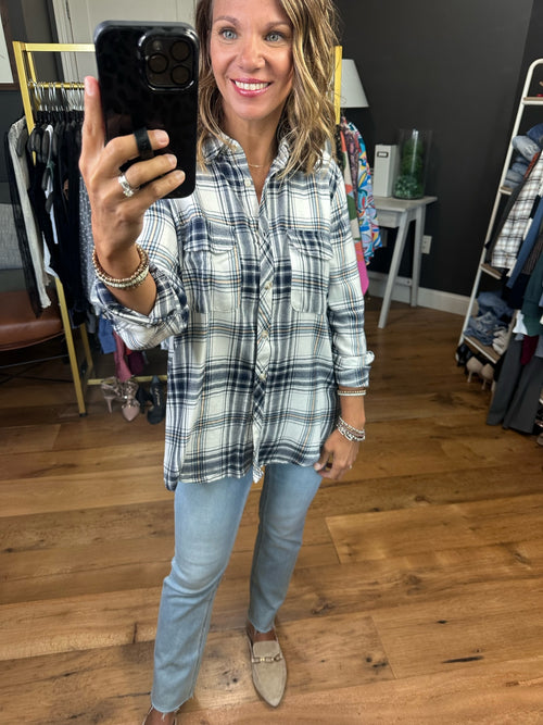 Do This Again Plaid Button Down Top - Navy Multi