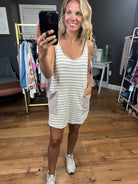 Summer Essence Striped Romper Dress - Taupe-Rompers-Bucketlist-Anna Kaytes Boutique, Women's Fashion Boutique in Grinnell, Iowa