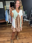 Patching Things Up V-Neck Dress - Ivory/Sage/Brown-Bucketlist-Anna Kaytes Boutique, Women's Fashion Boutique in Grinnell, Iowa