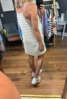 Summer Essence Striped Romper Dress - Taupe-Rompers-Bucketlist-Anna Kaytes Boutique, Women's Fashion Boutique in Grinnell, Iowa