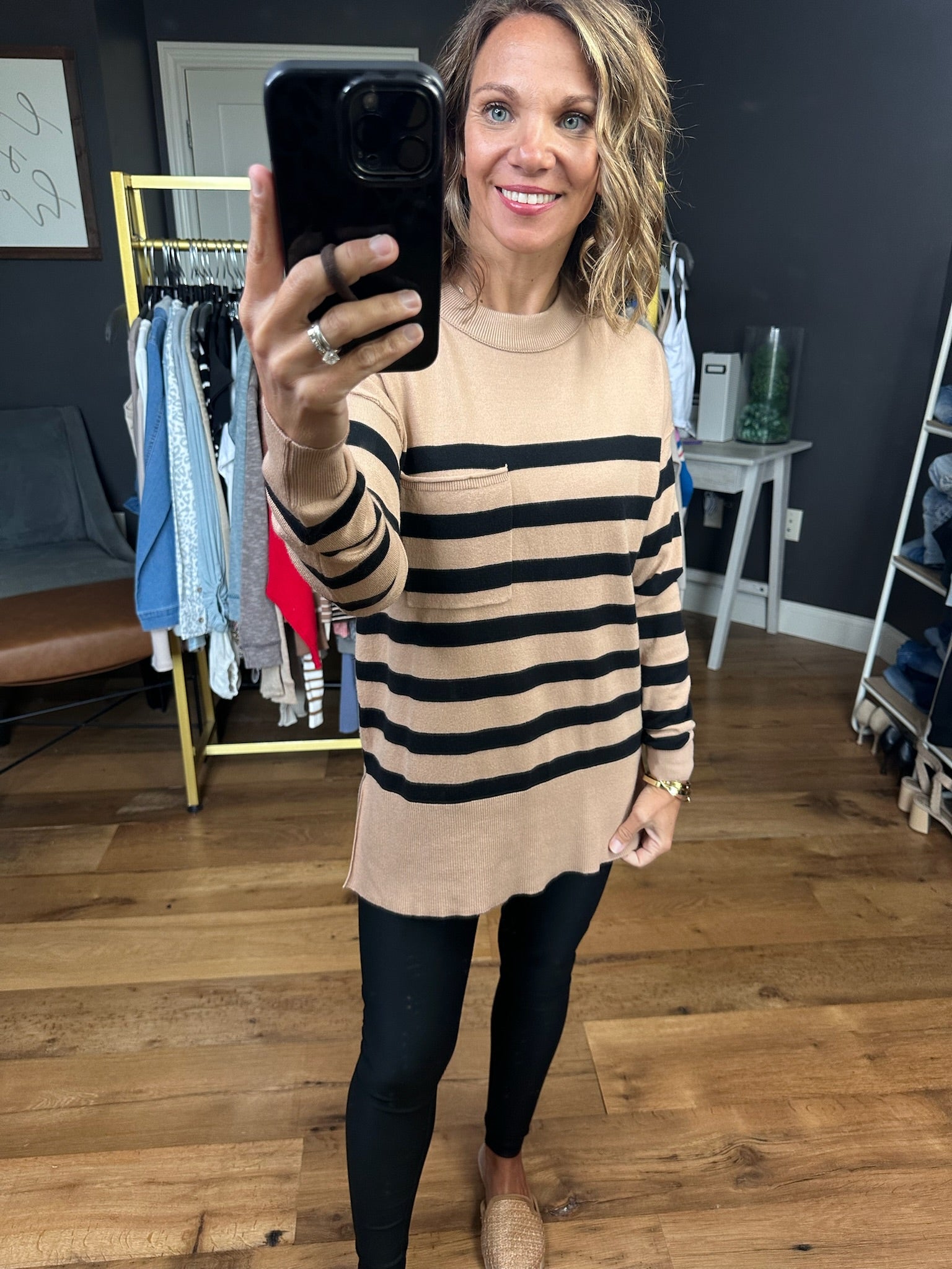 First Come Striped Pocket Lightweight Sweater - Camel-Be Cool-Anna Kaytes Boutique, Women's Fashion Boutique in Grinnell, Iowa