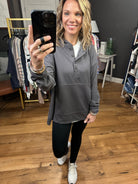 Hold Me Closer Henley Pocket Hoodie - Charcoal-Hoodies-Cotton Bleu 64605-Anna Kaytes Boutique, Women's Fashion Boutique in Grinnell, Iowa