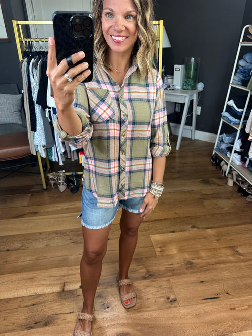 Full Of Feeling Plaid Button-Down Top - Olive/Navy/Blush