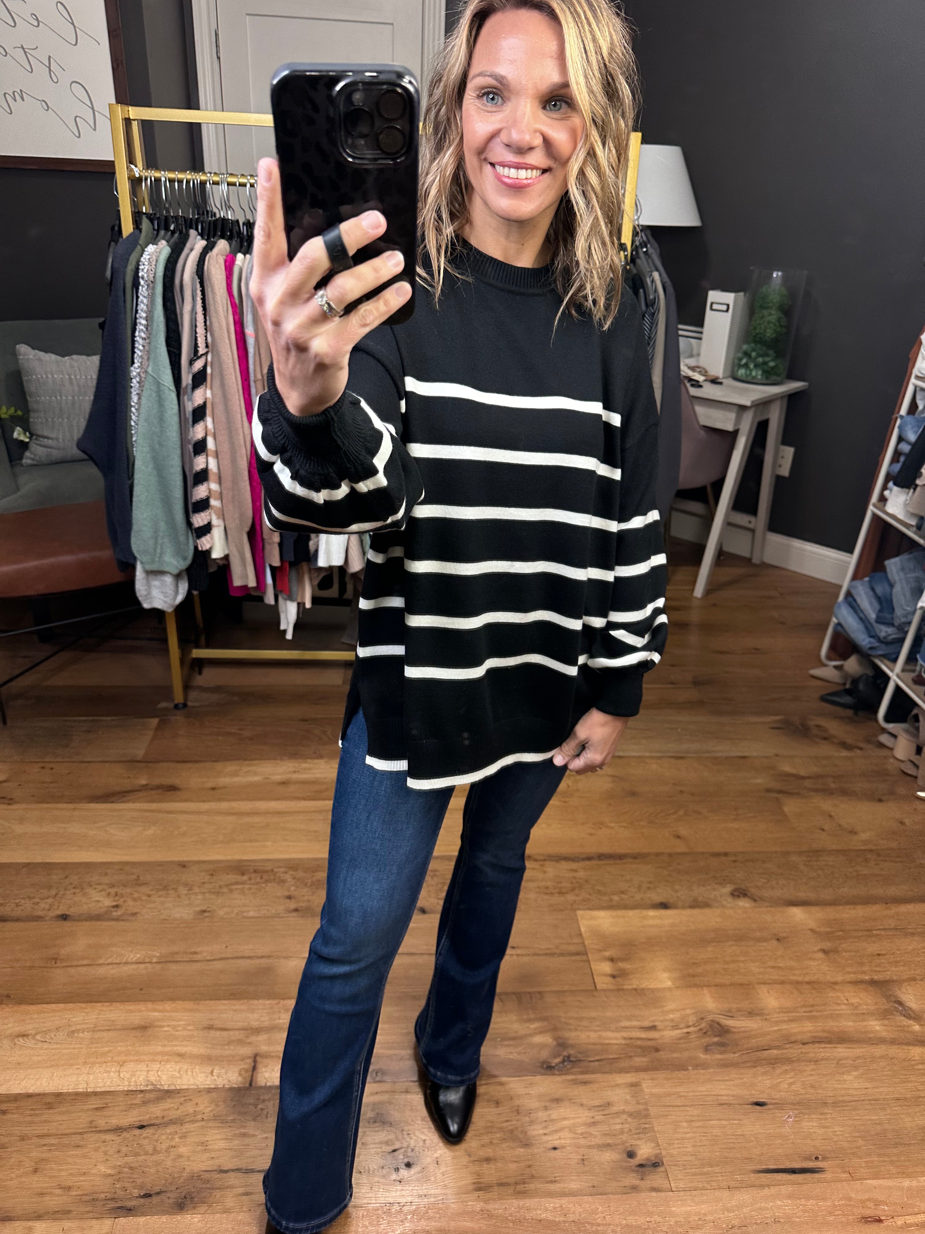 Just The Same Striped Sweater - Black-Sweaters-Vine & Love VT60608-Anna Kaytes Boutique, Women's Fashion Boutique in Grinnell, Iowa