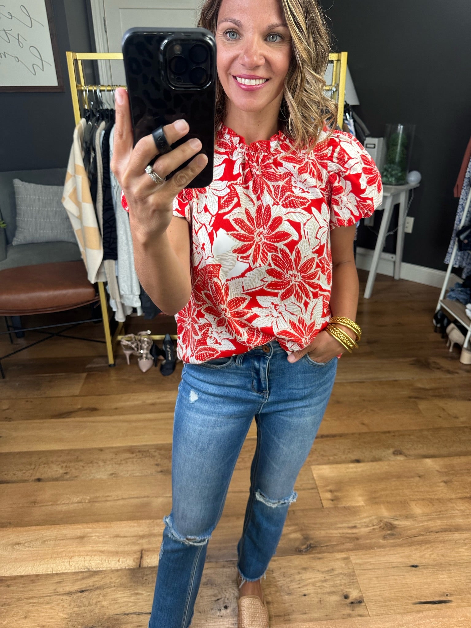 Island Waves Floral Top - Red/Ivory