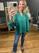 Hear My Voice V-Neck Top - Green-Jodifl-Anna Kaytes Boutique, Women's Fashion Boutique in Grinnell, Iowa