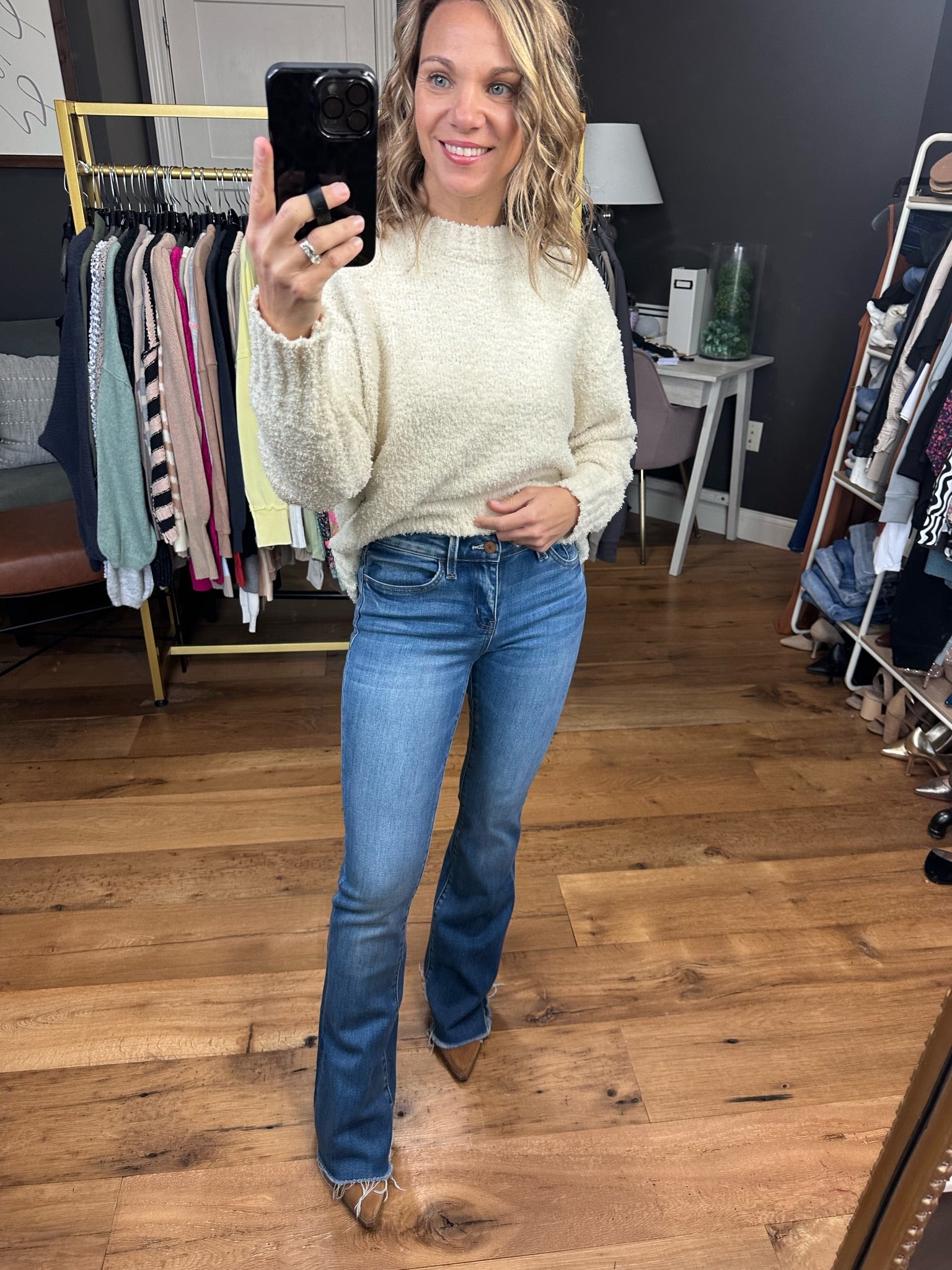 The Landyn Mid-Rise Mini Flare Denim With Raw Hem-Jeans-Vervet-Anna Kaytes Boutique, Women's Fashion Boutique in Grinnell, Iowa