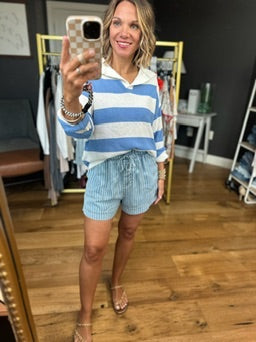 The Noah Pinstripe Chambray Paperbag Shorts-Blu Pepper-Anna Kaytes Boutique, Women's Fashion Boutique in Grinnell, Iowa