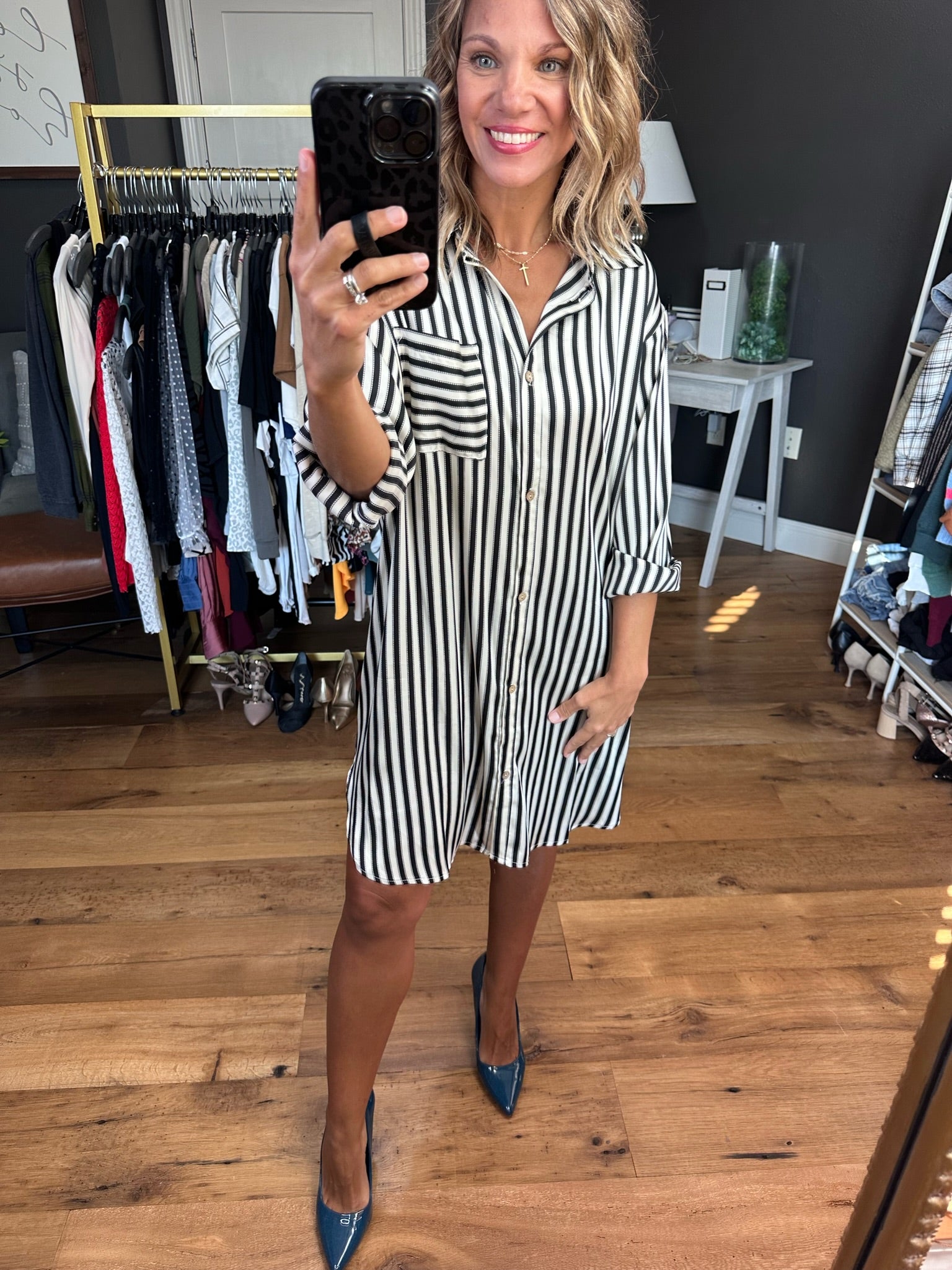 Might Be That Way Striped Button-Down Dress - Black