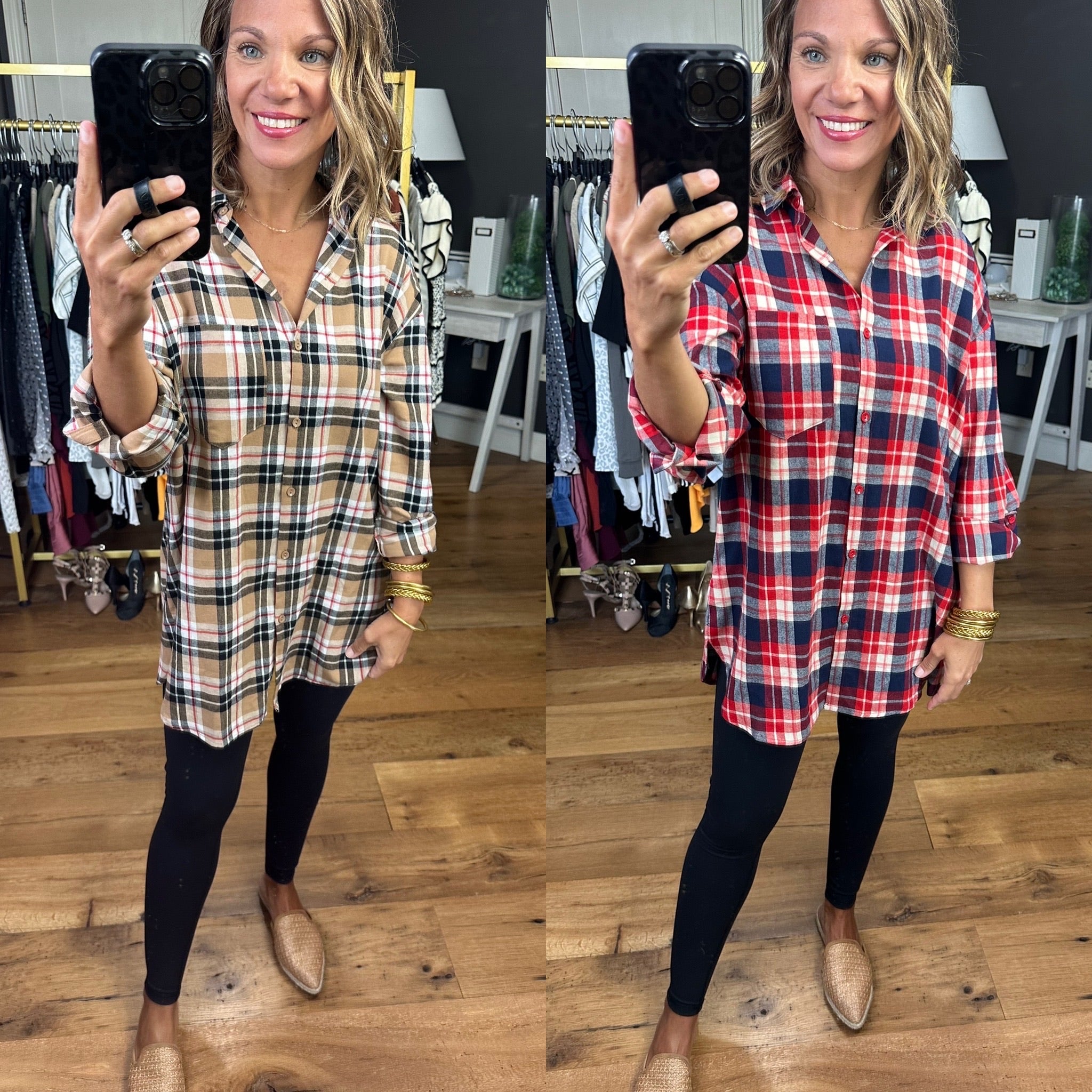 Live In Comfort Plaid Flannel Button-Down - Multiple Options-Long Sleeves-Vine & Love VT60455G-Anna Kaytes Boutique, Women's Fashion Boutique in Grinnell, Iowa