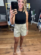 In The Know Paper Bag Short With Drawstring Waist - Olive Khaki-Shorts-Wishist WL20-5300-Anna Kaytes Boutique, Women's Fashion Boutique in Grinnell, Iowa