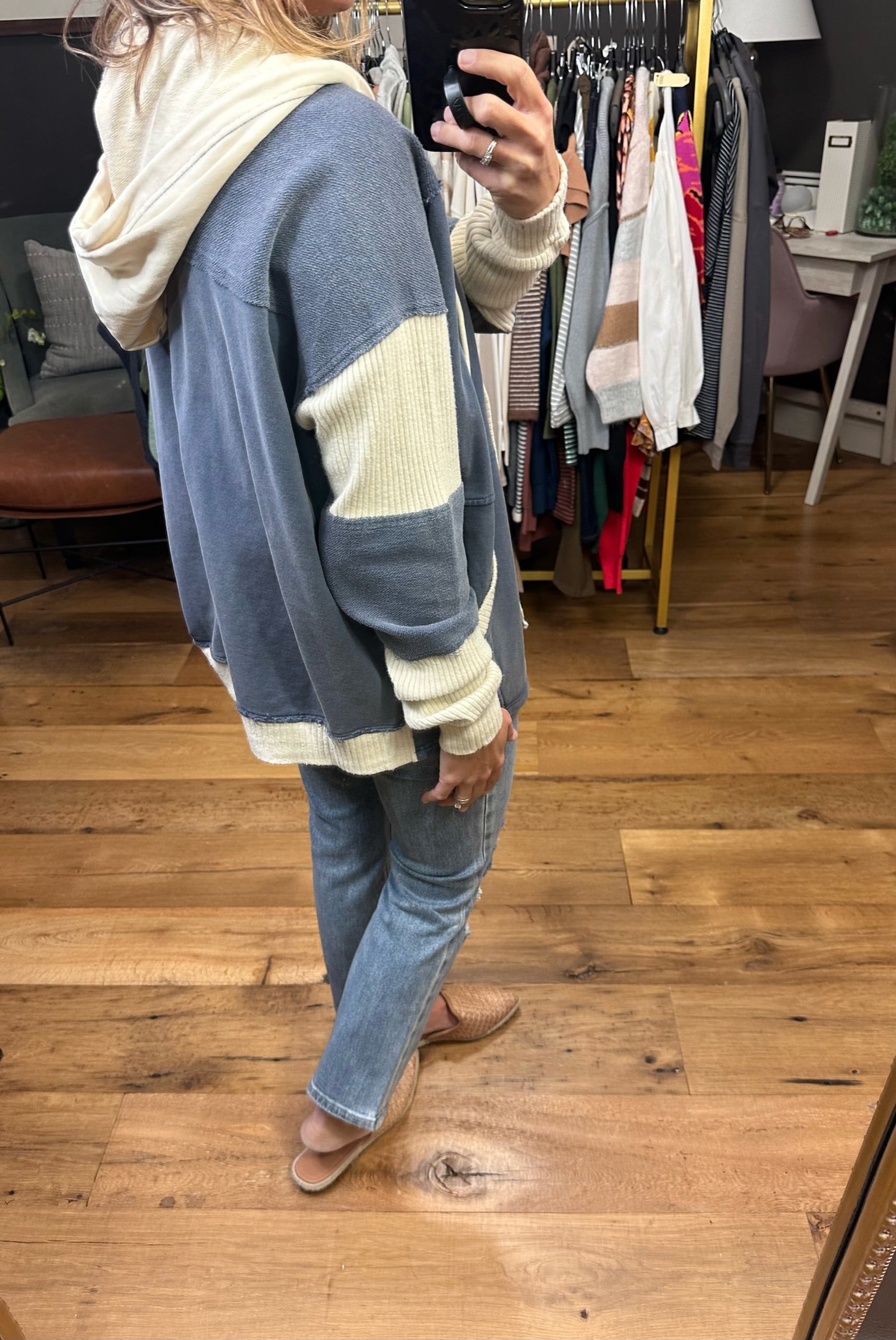 Looking Back Contrasting Knit Hooded Cardigan - Washed Denim