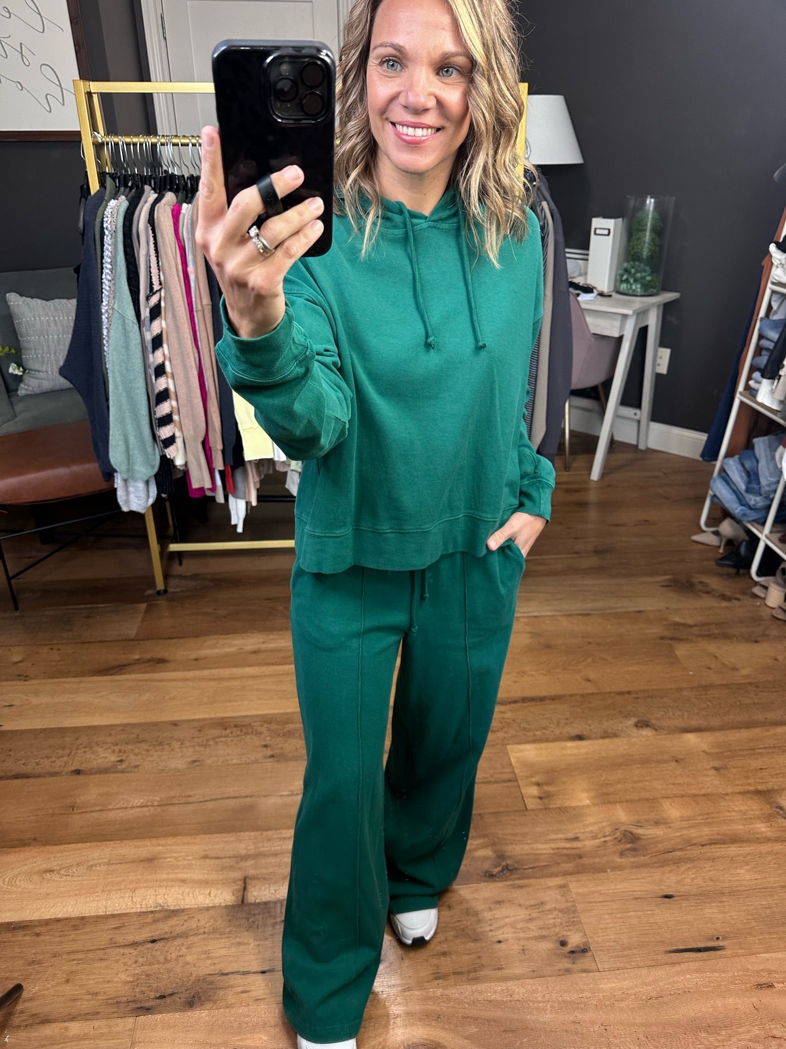 The Gabby Wide Leg + Hoodie Set - Pine Green-Two Piece Set-Double zero dz23e999 dz23g455-Anna Kaytes Boutique, Women's Fashion Boutique in Grinnell, Iowa