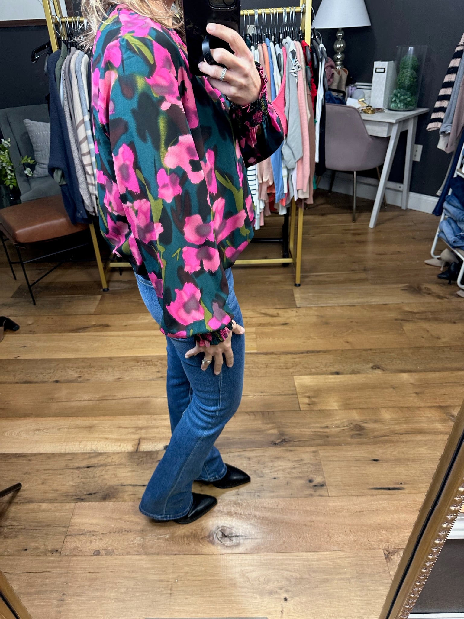 Better In Bloom Ruch Detail Floral Top - Hunter Green-Long Sleeves-Entro T21683-Anna Kaytes Boutique, Women's Fashion Boutique in Grinnell, Iowa