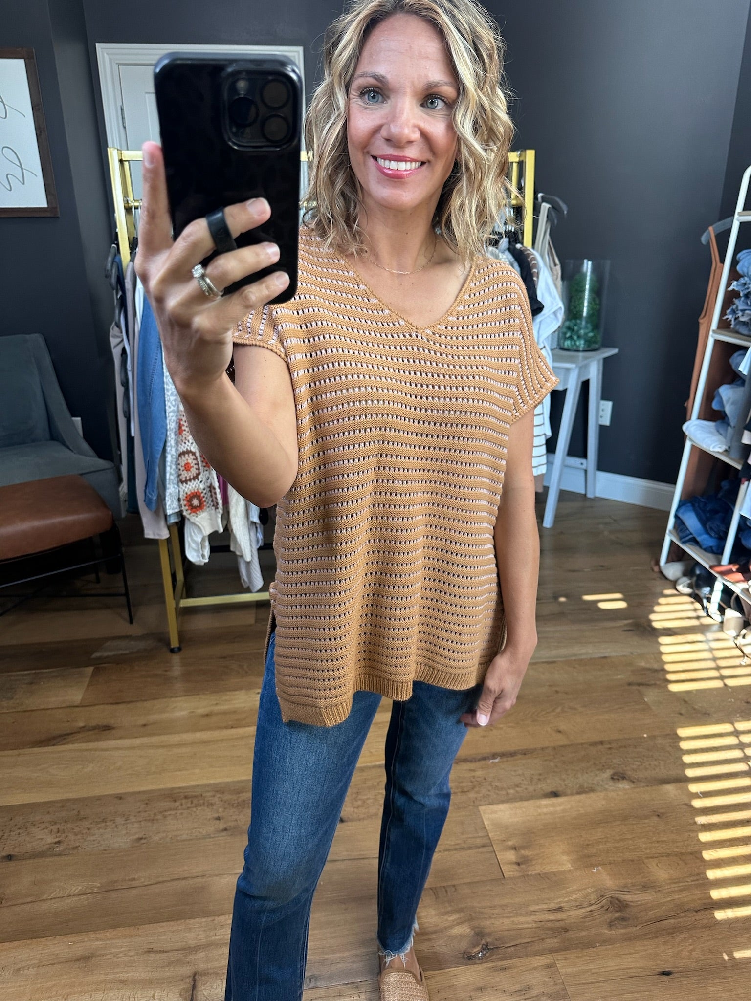 Here For Now V-Neck Knit Top - Camel/Pink-Short Sleeves-Wishlist-Anna Kaytes Boutique, Women's Fashion Boutique in Grinnell, Iowa