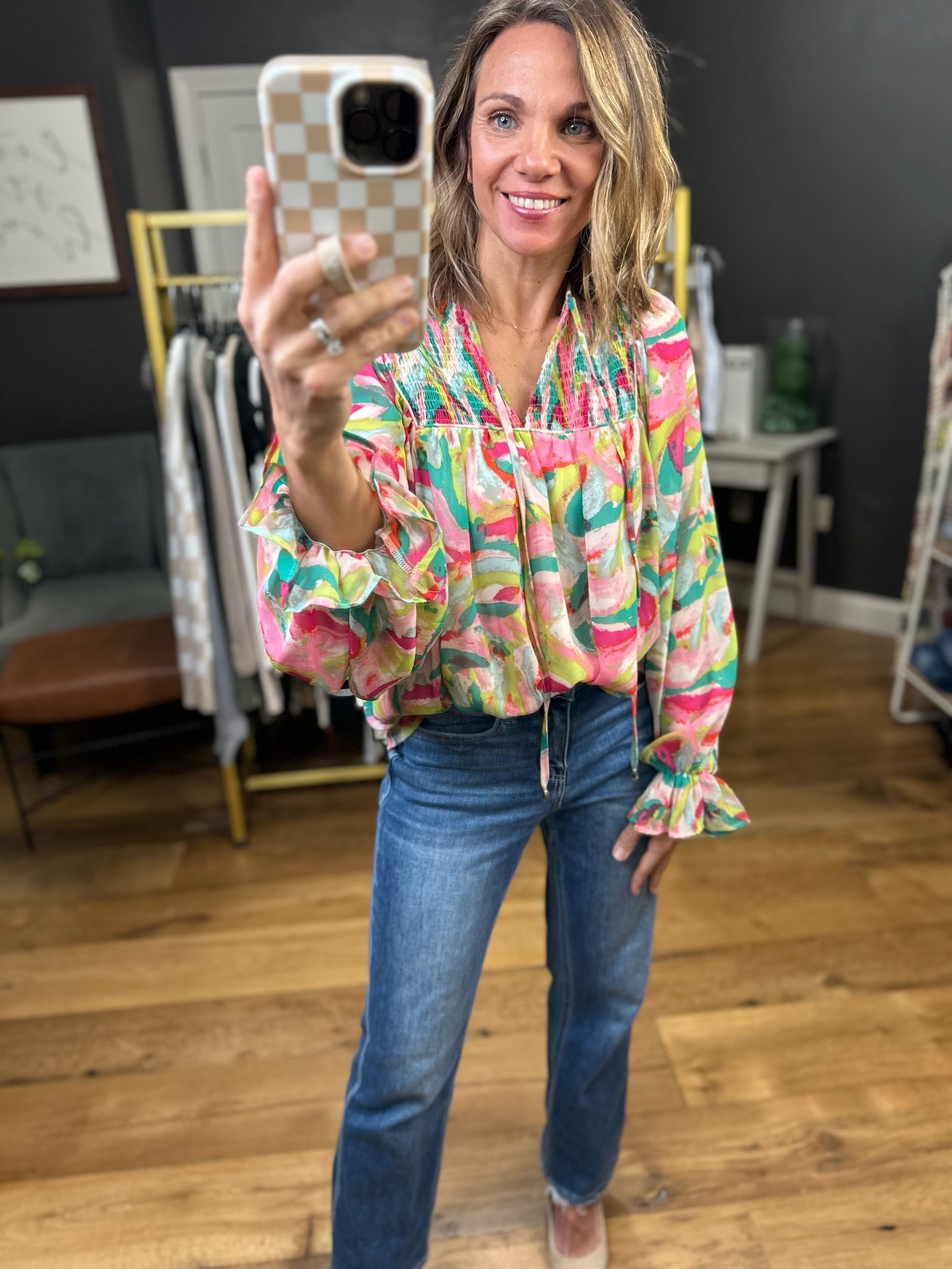 The Tilly Patterned Top - Pink/Green-Entro-Anna Kaytes Boutique, Women's Fashion Boutique in Grinnell, Iowa