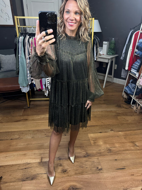 All That Sparkles Sheer Sleeve Dress - Black-Dresses-Jodifl G21266-Anna Kaytes Boutique, Women's Fashion Boutique in Grinnell, Iowa