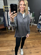 Hold Me Closer Henley Pocket Hoodie - Charcoal-Hoodies-Cotton Bleu 64605-Anna Kaytes Boutique, Women's Fashion Boutique in Grinnell, Iowa