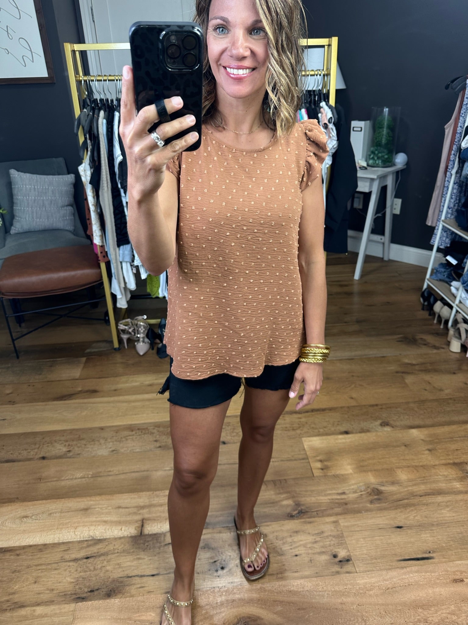 What Happiness Means Swiss Dot Top With Flutter Sleeve - Camel