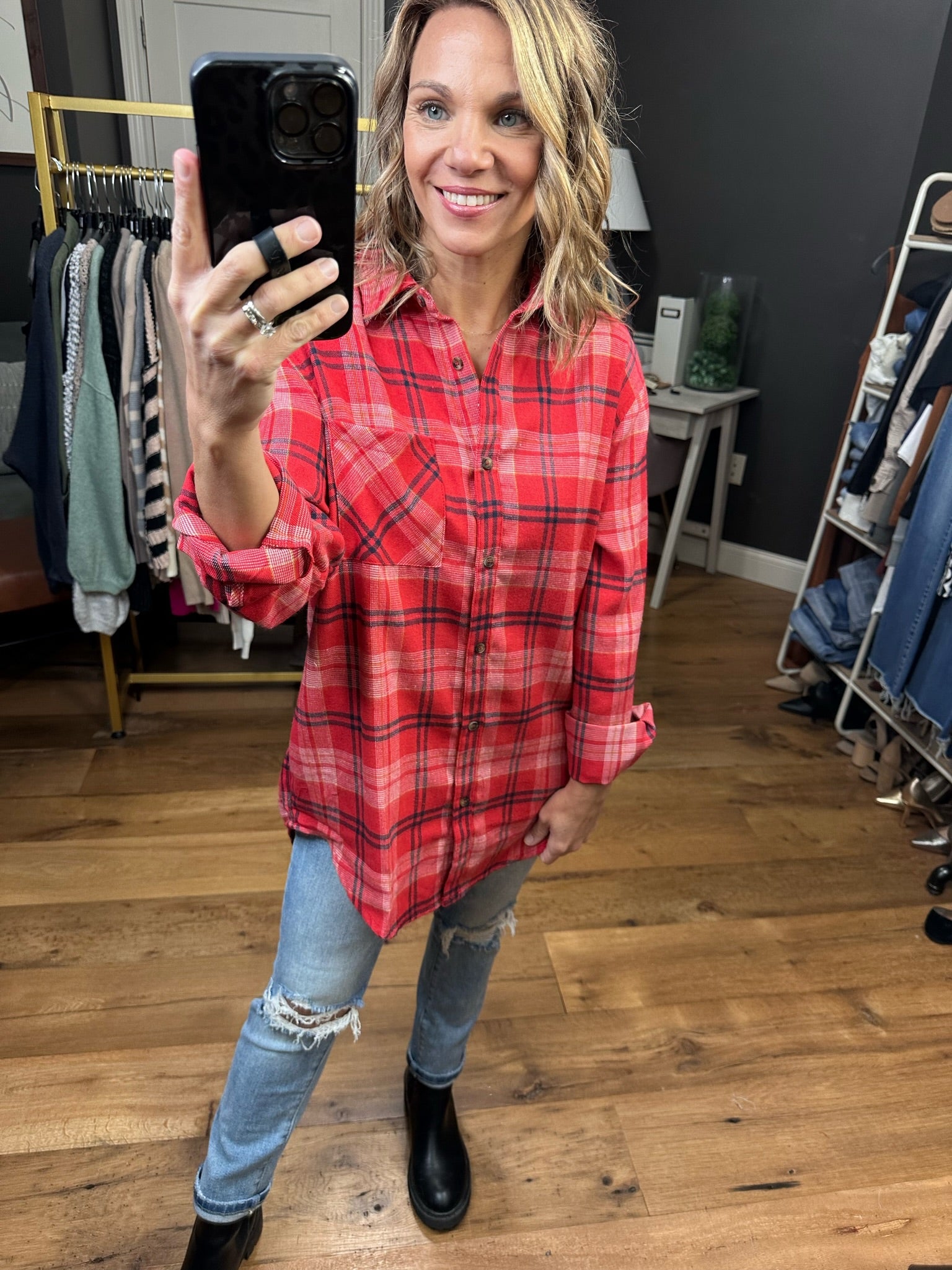 All Starts Now Plaid Button Down Top - Paprika
