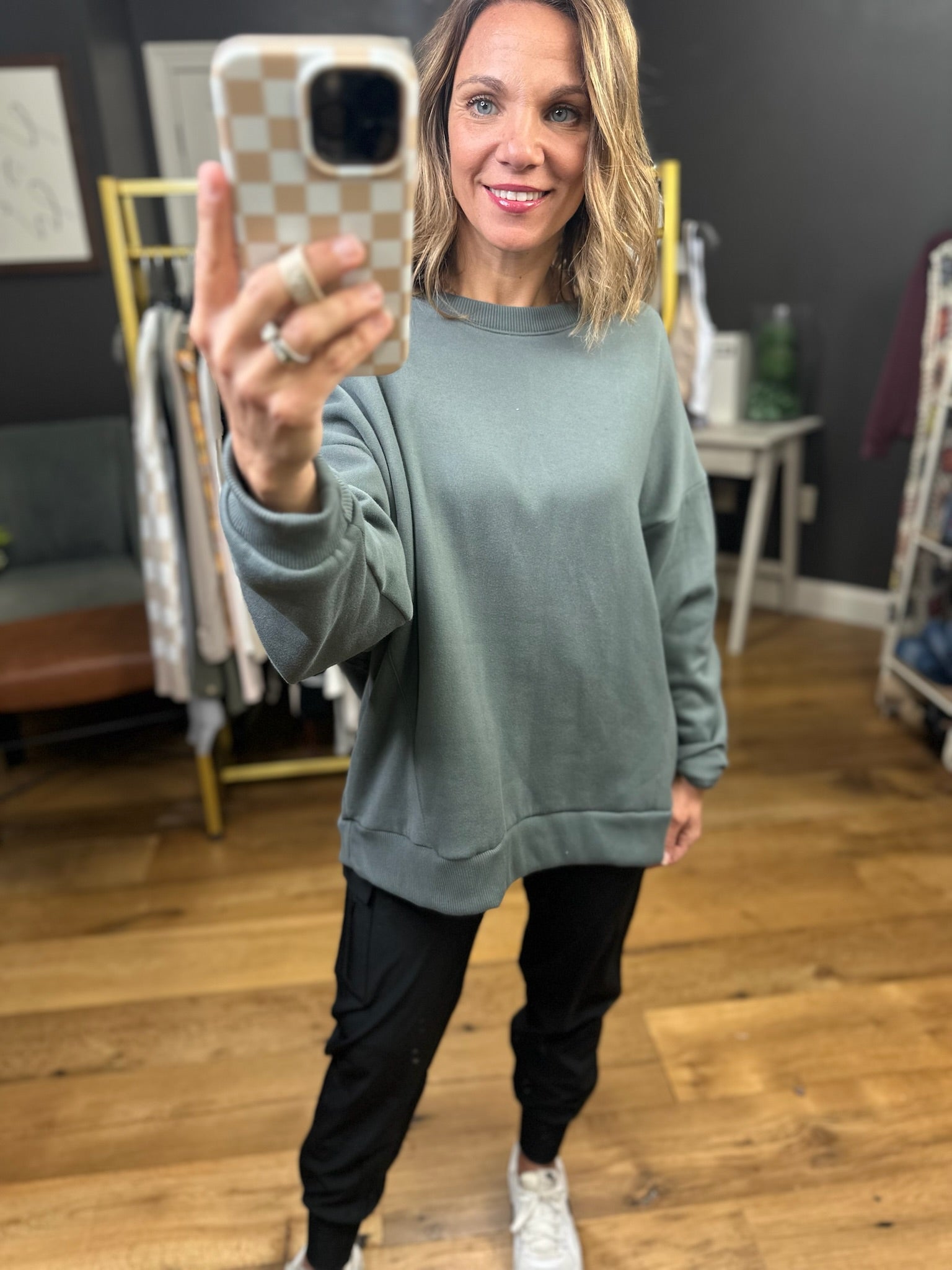 Over and Over Boxy Crewneck Sweatshirt - Washed Olive-Wasabi & Mint-Anna Kaytes Boutique, Women's Fashion Boutique in Grinnell, Iowa