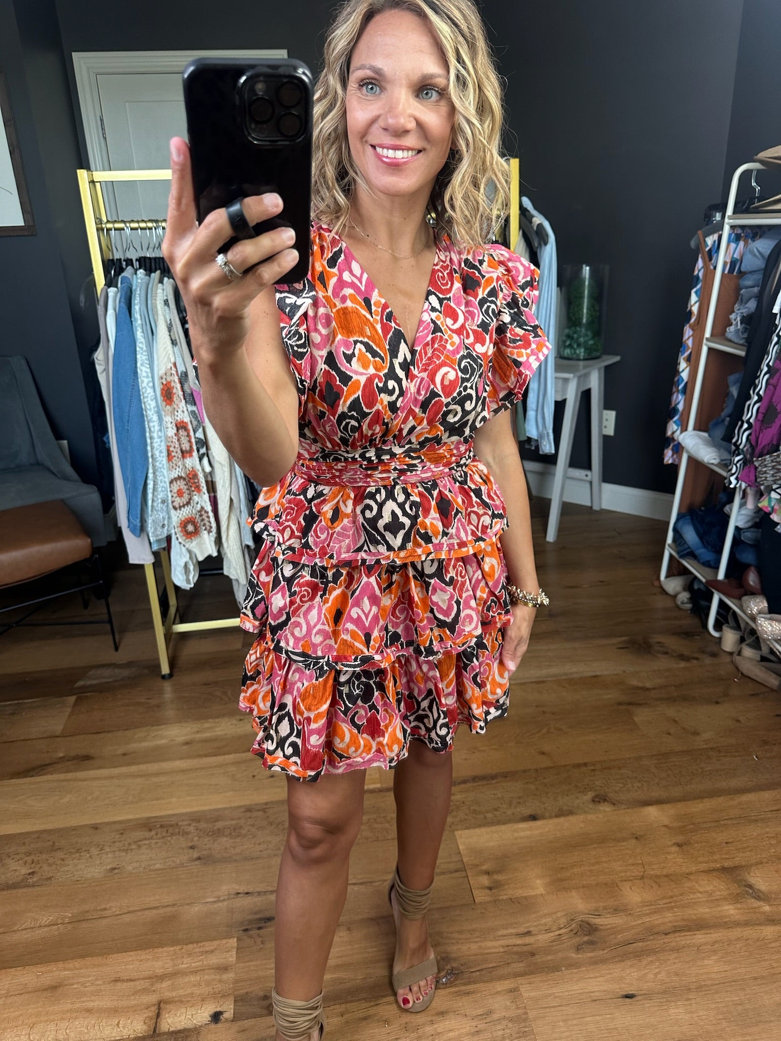 Living Out Loud Patterned Tiered Dress - Rust/Pink/Black-Dresses-Olivaceous-Anna Kaytes Boutique, Women's Fashion Boutique in Grinnell, Iowa