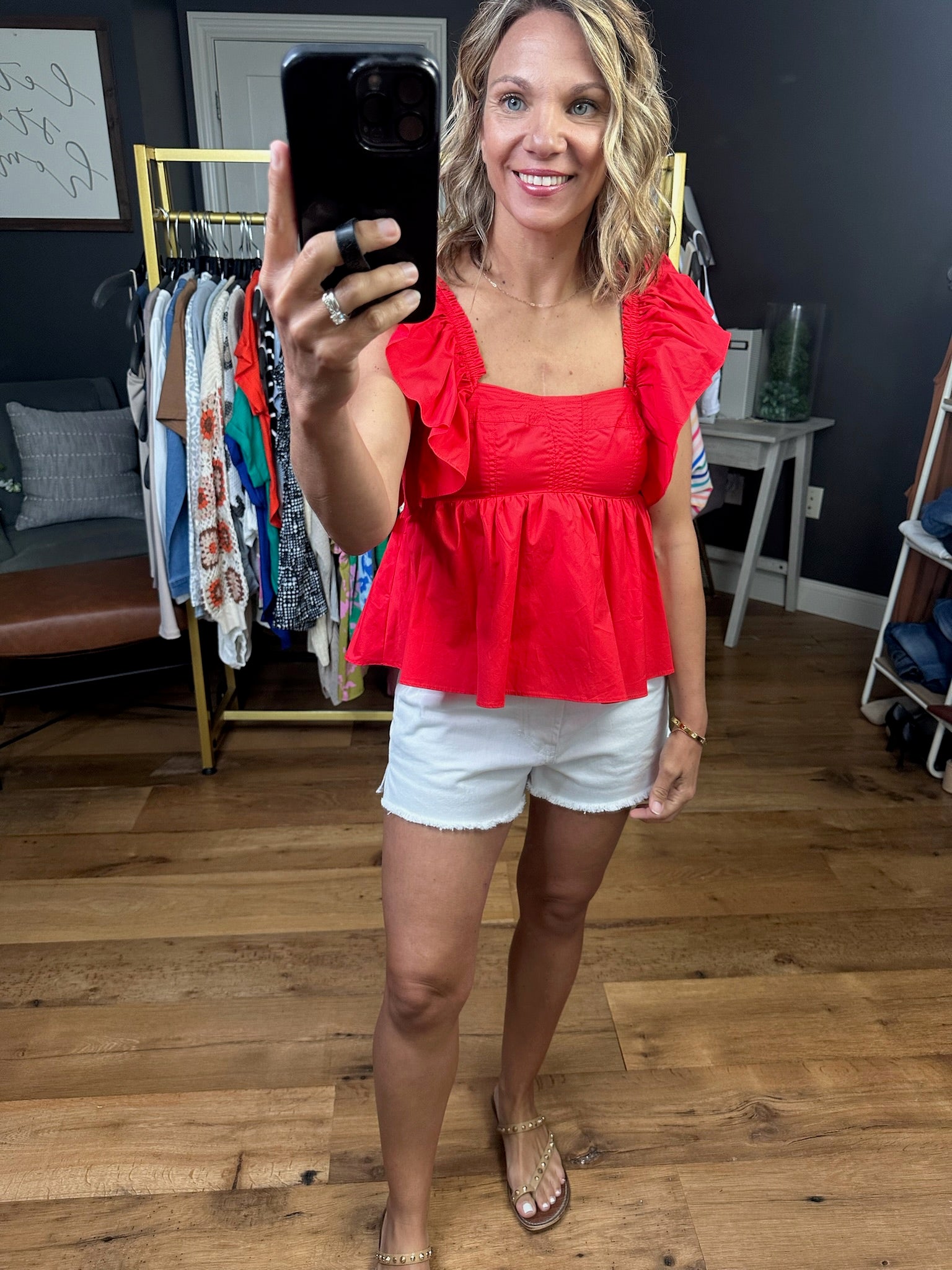 Paint the Town Babydoll Peplum Top - Red-Short Sleeves-Olivaceous-Anna Kaytes Boutique, Women's Fashion Boutique in Grinnell, Iowa