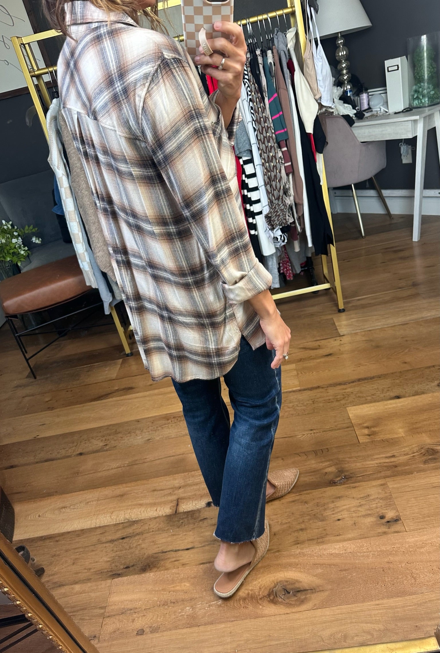 Looking After Me Plaid Button-Down Top - Chestnut/Navy-Be Cool-Anna Kaytes Boutique, Women's Fashion Boutique in Grinnell, Iowa