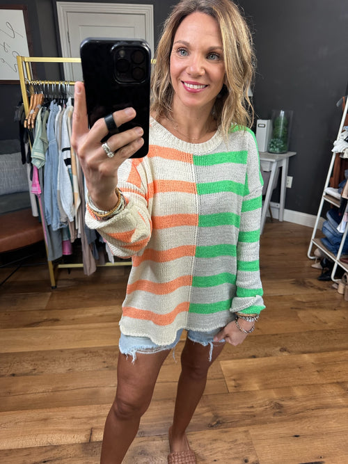 All For Fun Contrasting Striped Sweater - Kelly/Sherbert Combo