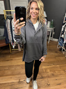 Hold Me Closer Henley Pocket Hoodie - Charcoal-Hoodies-Cotton Bleu 64605-Anna Kaytes Boutique, Women's Fashion Boutique in Grinnell, Iowa