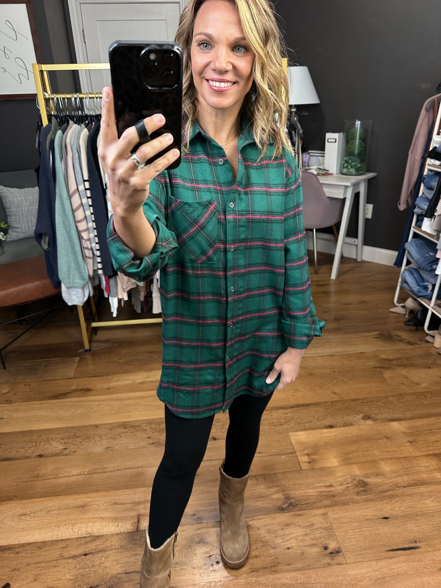 Just A Fling Boyfriend Plaid Button Down Top - Green-Long Sleeves-la miel SRT1304-Anna Kaytes Boutique, Women's Fashion Boutique in Grinnell, Iowa