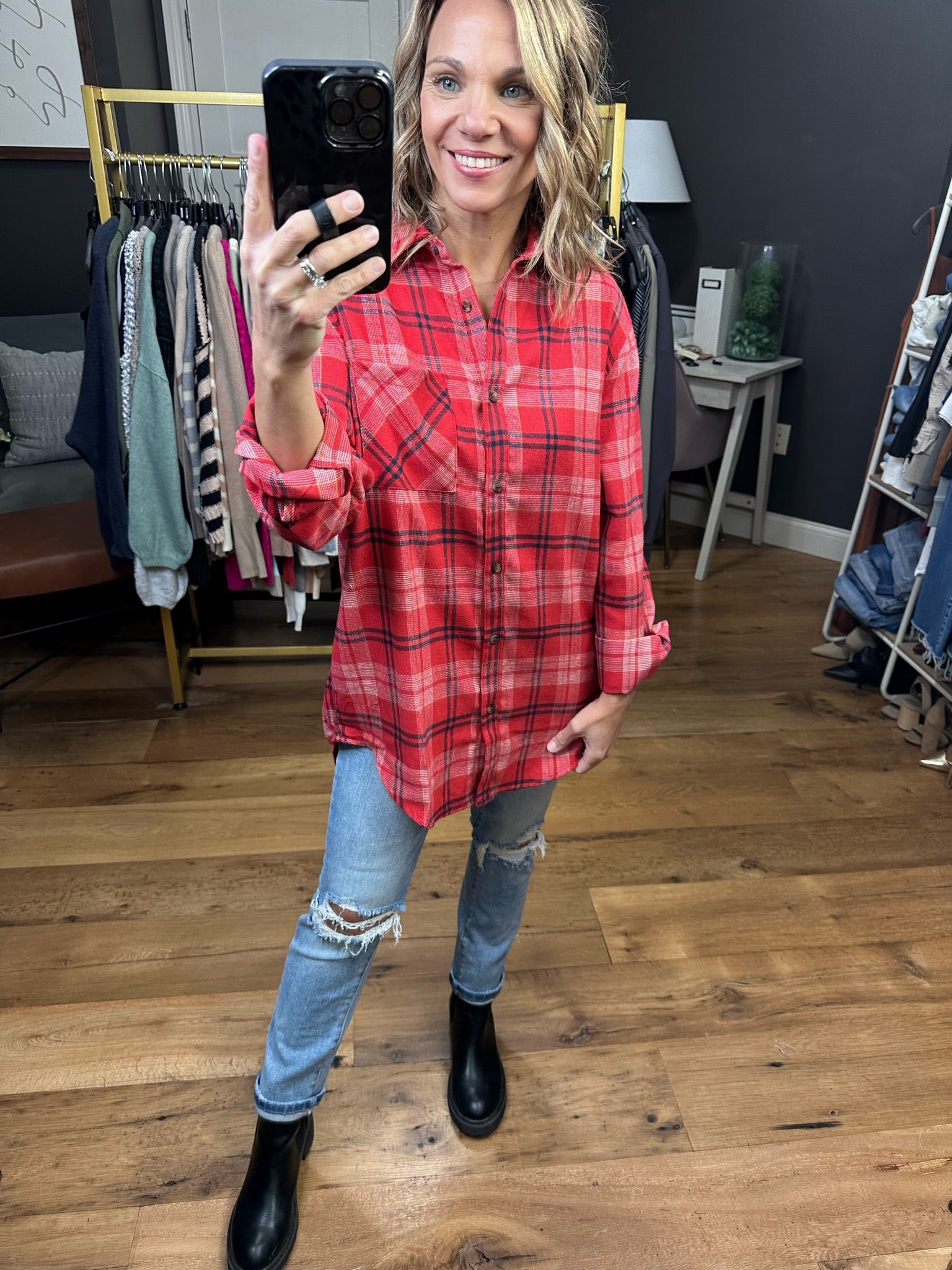 All Starts Now Plaid Button Down Top - Paprika