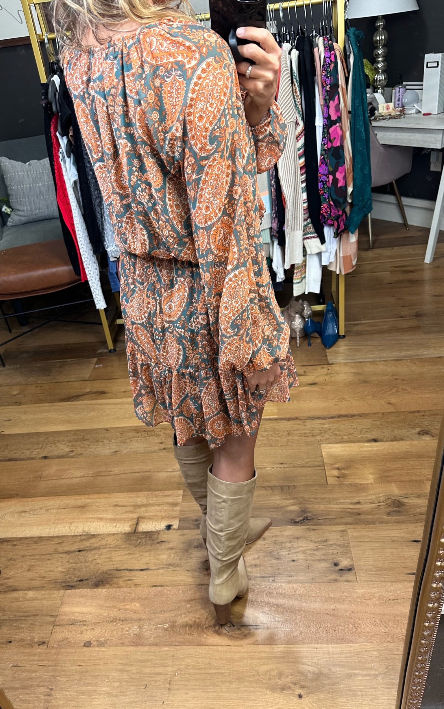All I Could Want Paisley Printed Dress With Statement Sleeve Detail - Rust/Grey