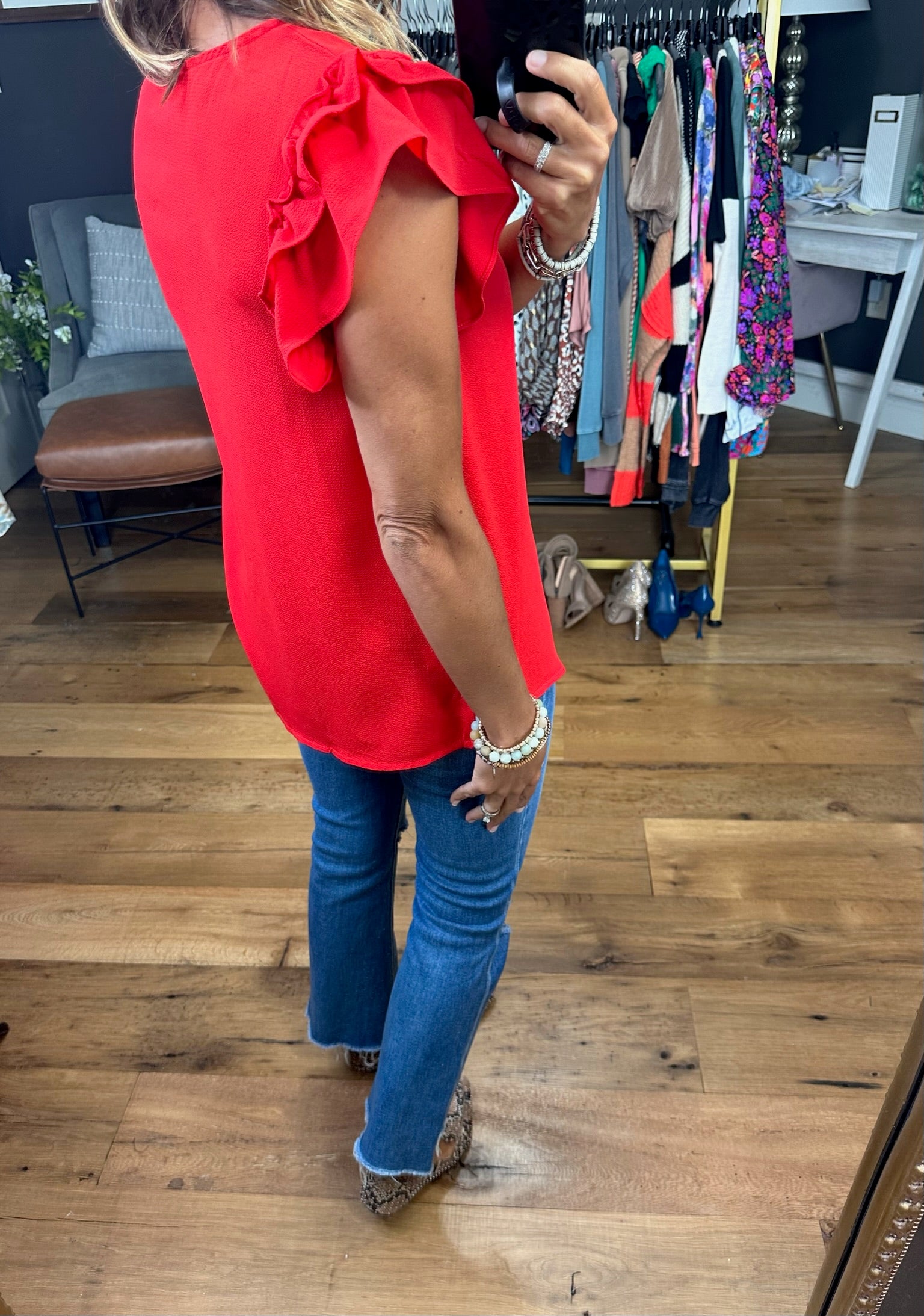 In Love With You Flutter Sleeve V-Neck Top With Button Detail - Red