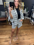 Count Me In Patterned Short + Button-Down Top Set - Black/Ivory-Shorts-Entro T20468 P20469-Anna Kaytes Boutique, Women's Fashion Boutique in Grinnell, Iowa