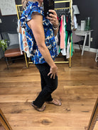 To The Point Floral Top With Ruffle Sleeve Detail - Blue-Short Sleeves-Olivaceous-Anna Kaytes Boutique, Women's Fashion Boutique in Grinnell, Iowa