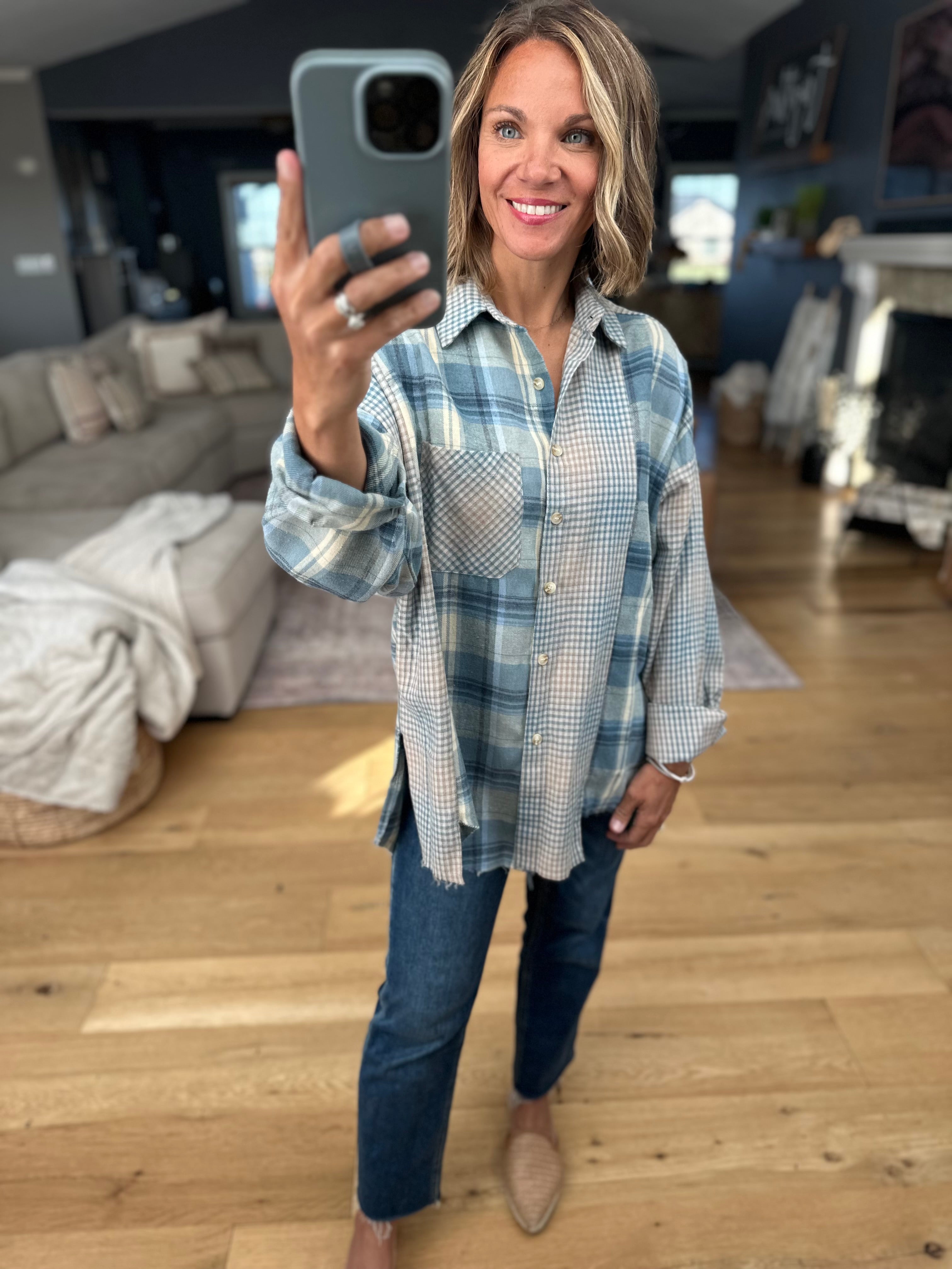 Casual Day Raw-Hem Boyfriend Flannel - BLUE-Aemi & Co-Anna Kaytes Boutique, Women's Fashion Boutique in Grinnell, Iowa