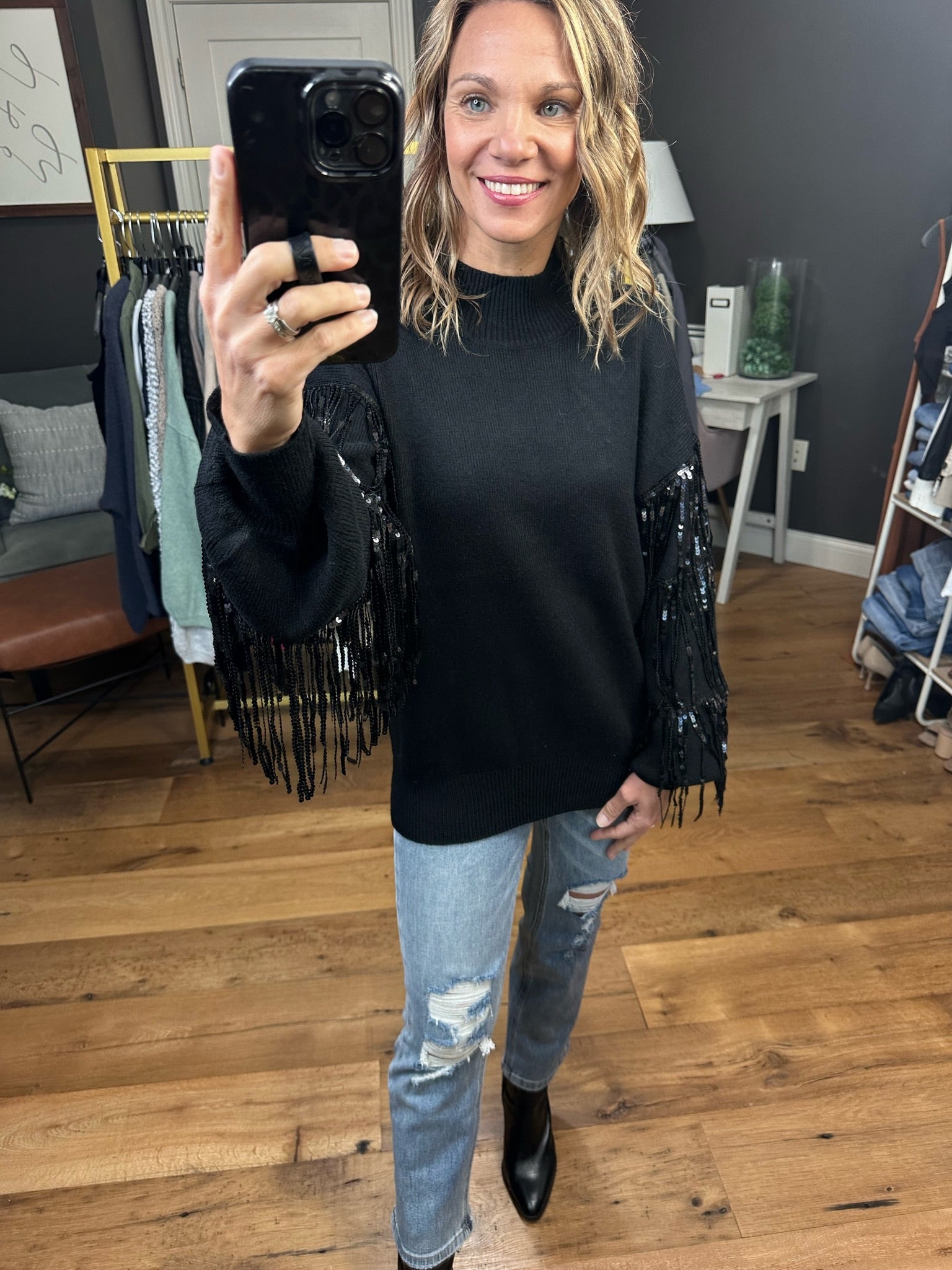 The Right Moves Fringe + Sequin Sleeve Sweater - Black