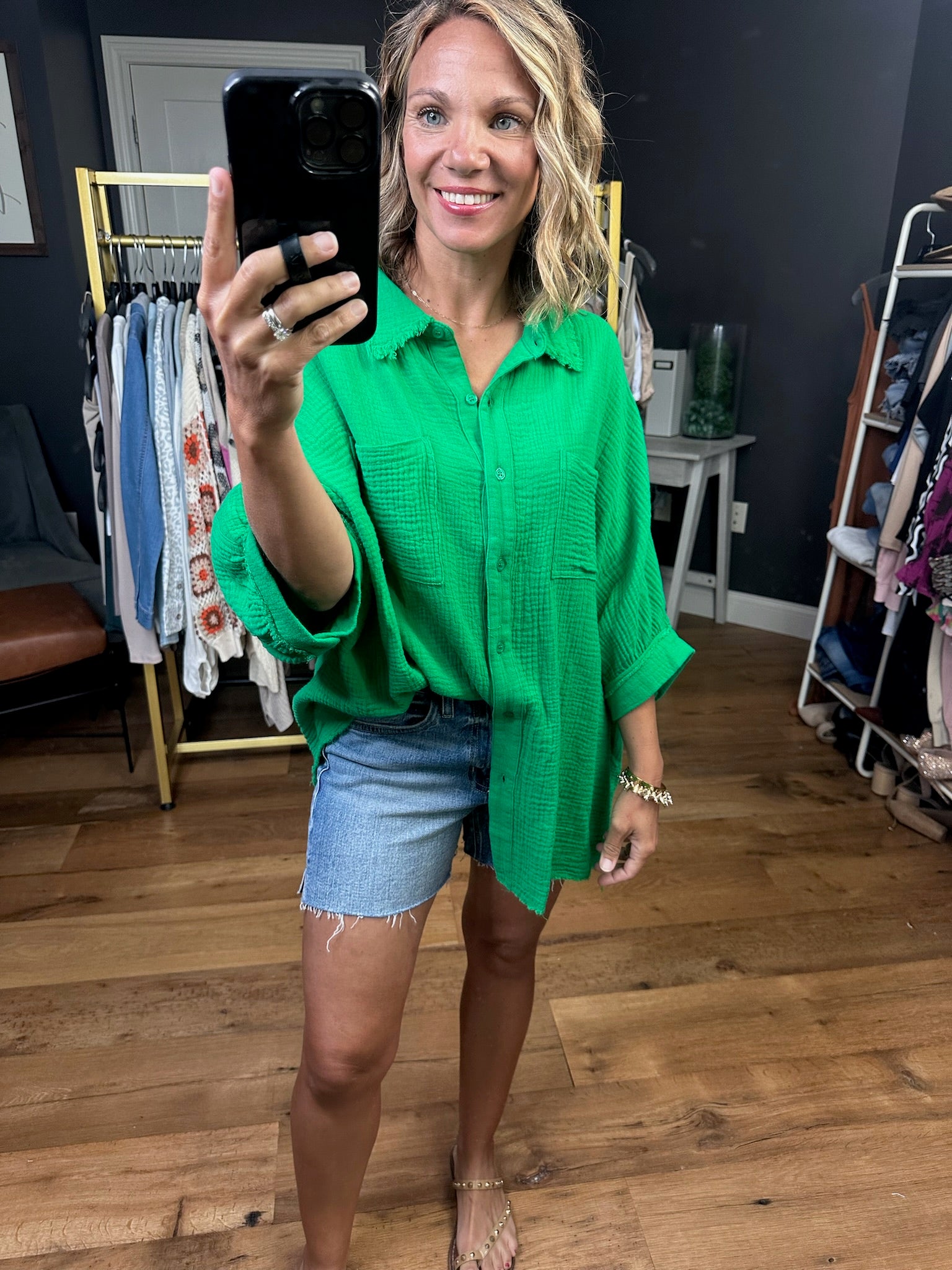 Time Standing Still Button-Down Dolman Sleeve Top - Apple Green-Short Sleeves-La Miel-Anna Kaytes Boutique, Women's Fashion Boutique in Grinnell, Iowa