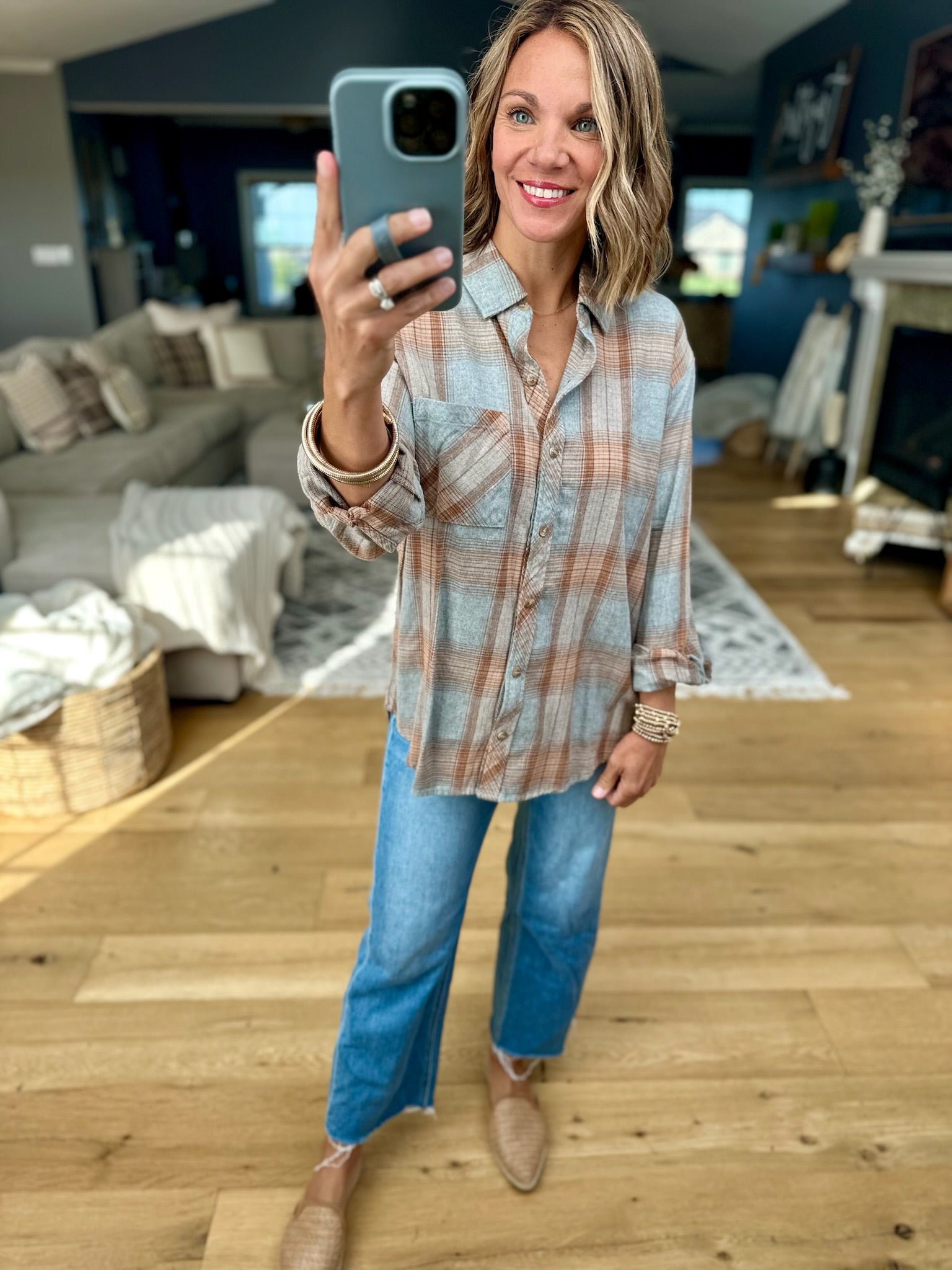 Right Time, Right Place Plaid Button-Down Top-Be cool-Anna Kaytes Boutique, Women's Fashion Boutique in Grinnell, Iowa