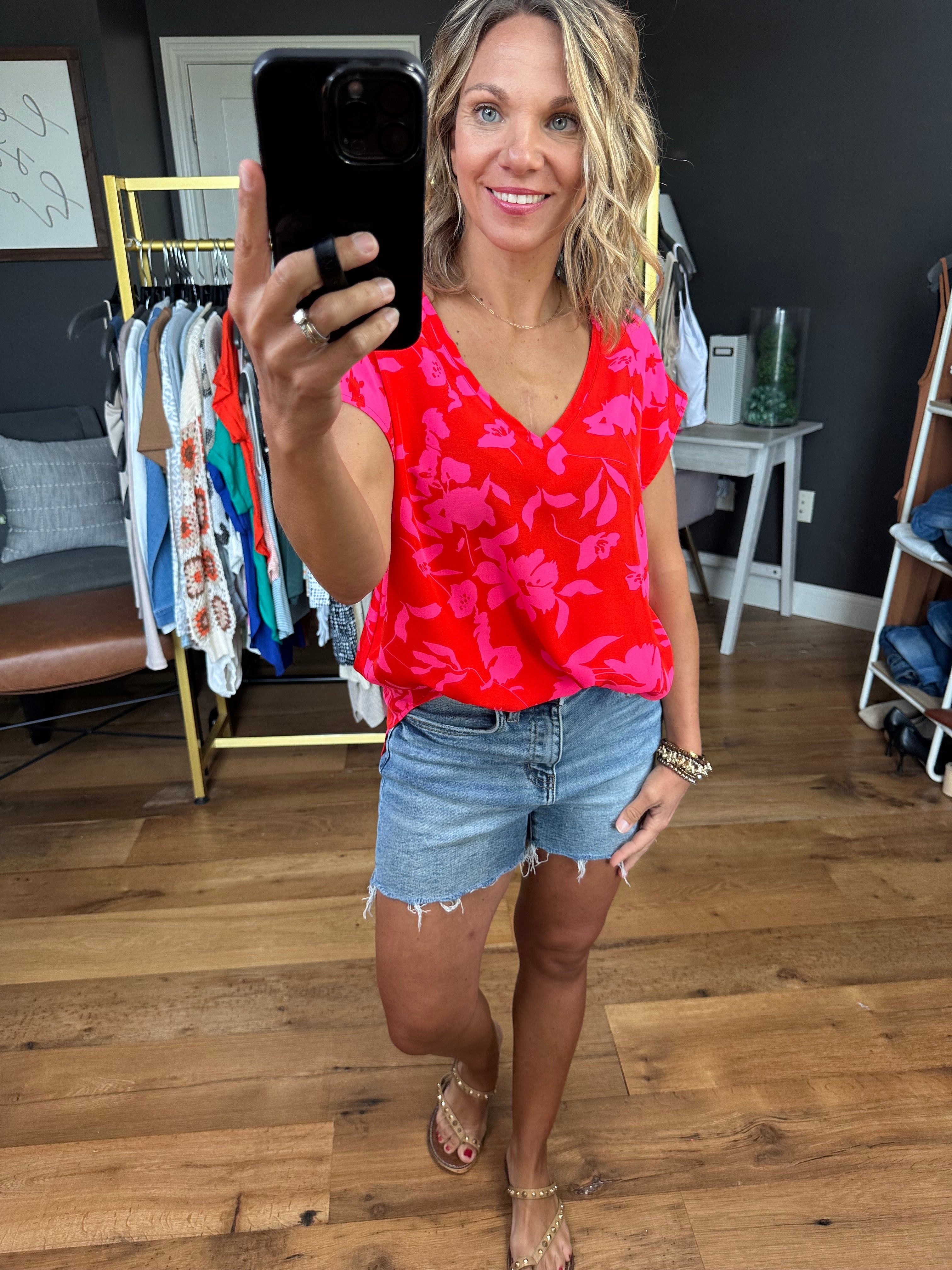 Sweetest Summer V-Neck Floral Top - Red Mix-Short Sleeves-Jodifl-Anna Kaytes Boutique, Women's Fashion Boutique in Grinnell, Iowa