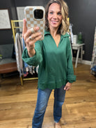 Going For It V-Neck Collared Pullover - Hunter Green-Entro-Anna Kaytes Boutique, Women's Fashion Boutique in Grinnell, Iowa