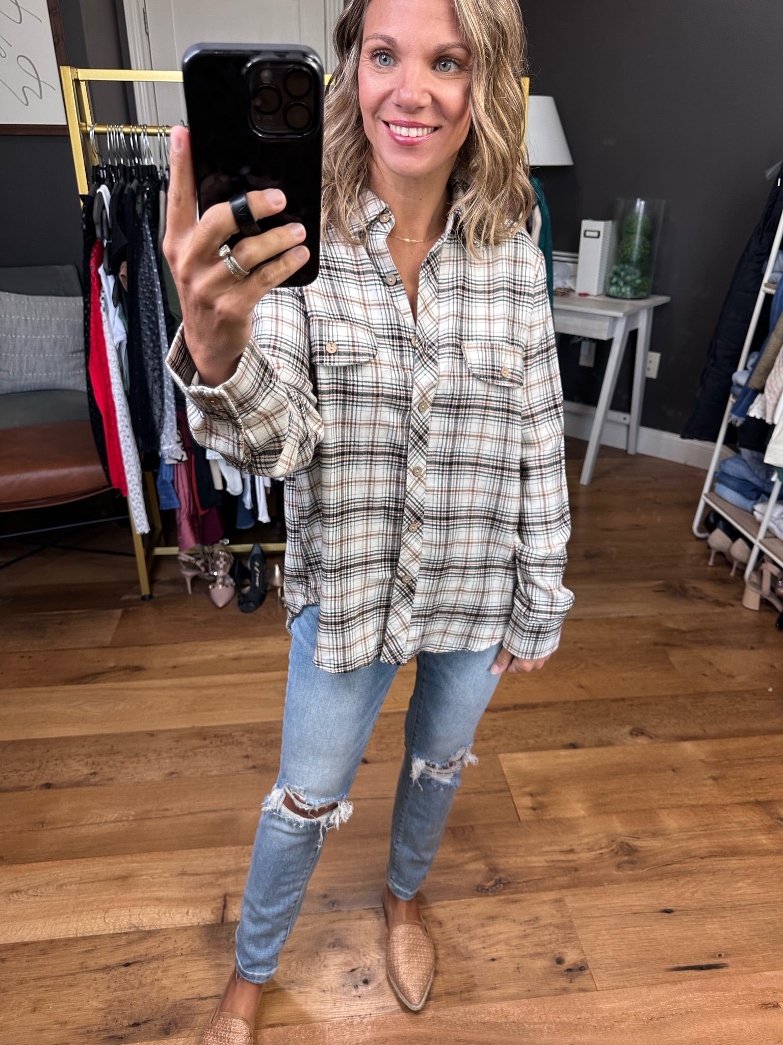 Not Anymore Plaid Flannel Top - Ivory/Black/Camel-Long Sleeves-Blu Pepper EM6787-Anna Kaytes Boutique, Women's Fashion Boutique in Grinnell, Iowa
