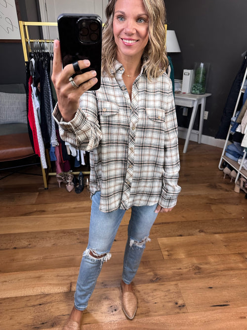 Not Anymore Plaid Flannel Top - Ivory/Black/Camel